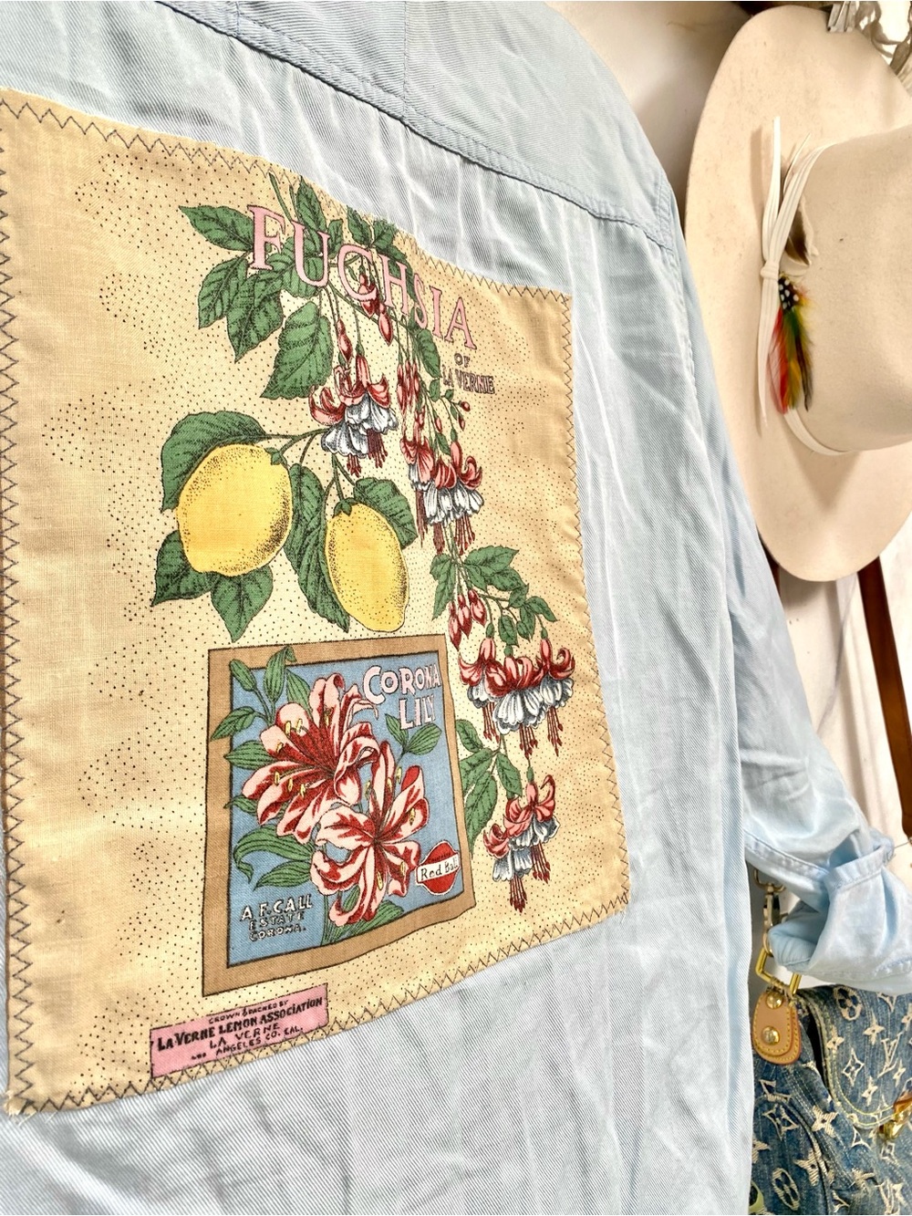 Upcycled botanical citrus fruit floral boho back detailing buttoned down shirt